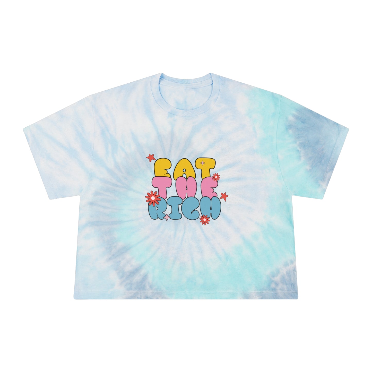 Women's Tie-Dye Crop Tee - 'Eat the rich', Funky Pastel Top for Summer Vibes, Perfect for Festivals, Casual Outings, and Gift Giving