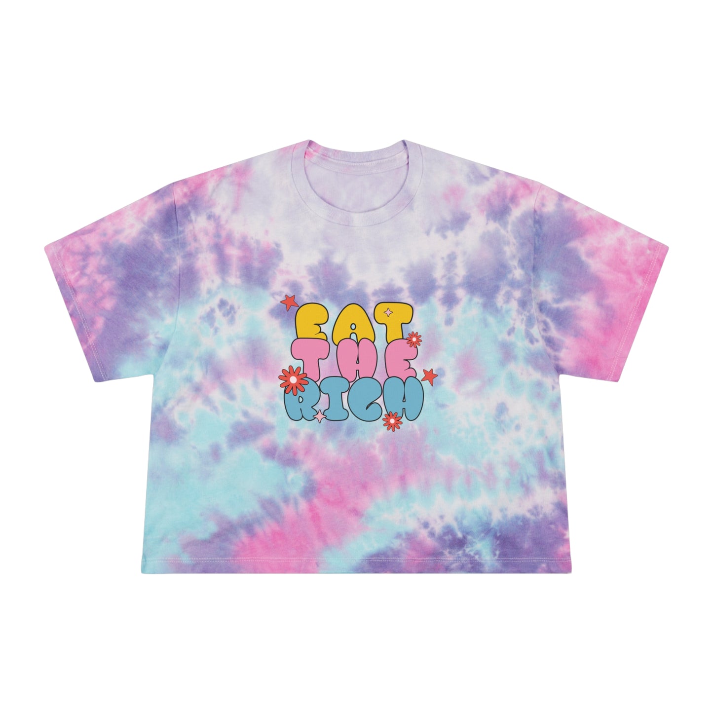 Women's Tie-Dye Crop Tee - 'Eat the rich', Funky Pastel Top for Summer Vibes, Perfect for Festivals, Casual Outings, and Gift Giving