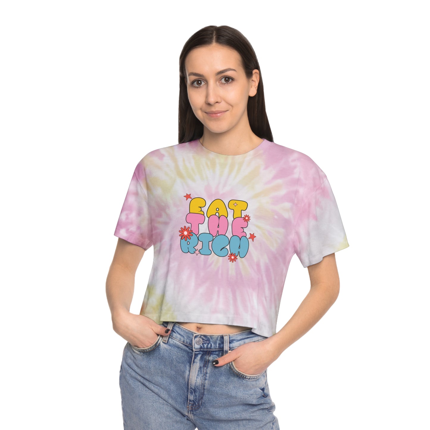 Women's Tie-Dye Crop Tee - 'Eat the rich', Funky Pastel Top for Summer Vibes, Perfect for Festivals, Casual Outings, and Gift Giving