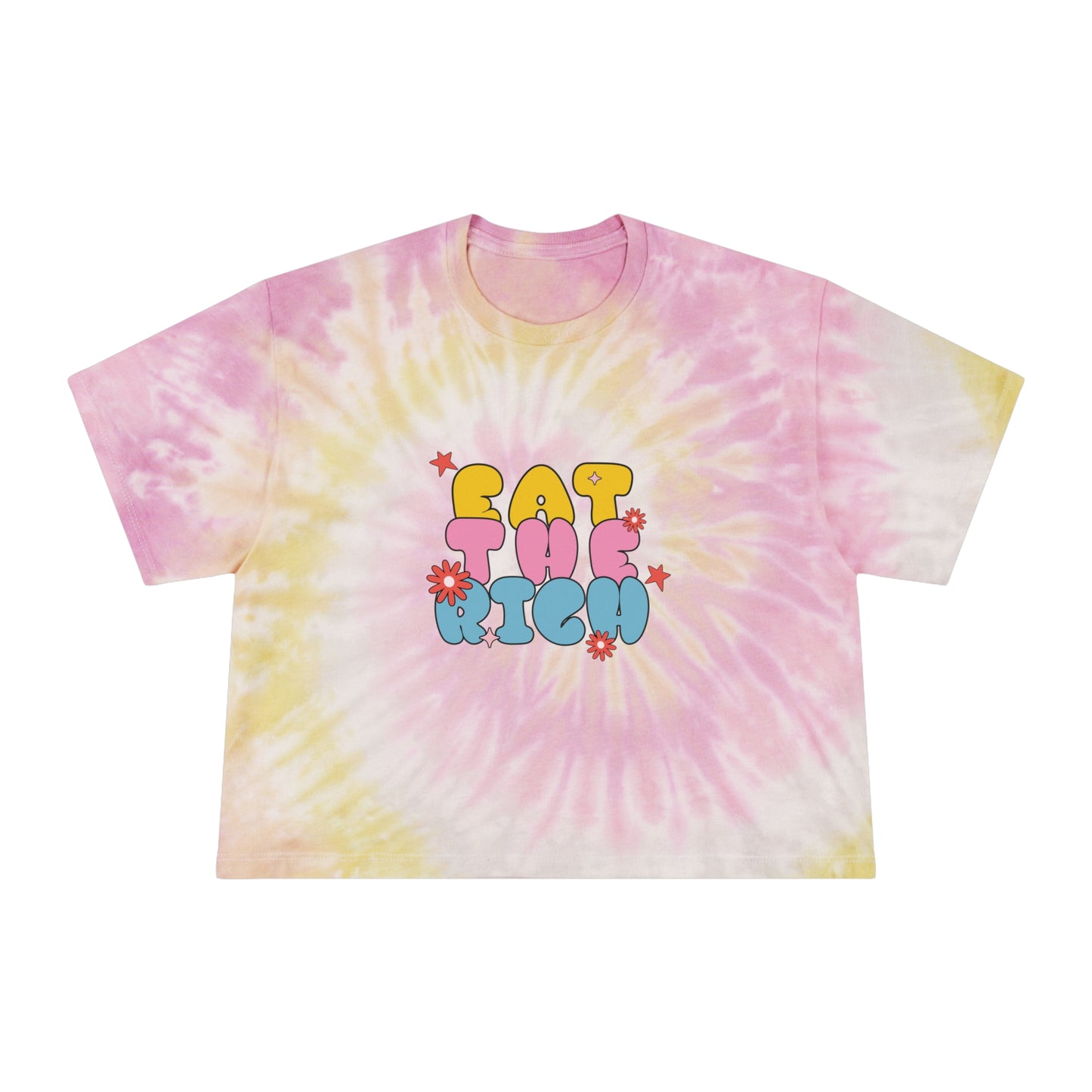 Women's Tie-Dye Crop Tee - 'Eat the rich', Funky Pastel Top for Summer Vibes, Perfect for Festivals, Casual Outings, and Gift Giving