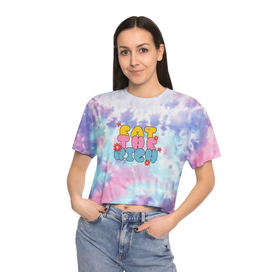Women's Tie-Dye Crop Tee - 'Eat the rich', Funky Pastel Top for Summer Vibes, Perfect for Festivals, Casual Outings, and Gift Giving