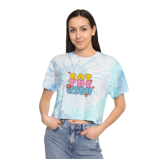 Women's Tie-Dye Crop Tee - 'Eat the rich', Funky Pastel Top for Summer Vibes, Perfect for Festivals, Casual Outings, and Gift Giving